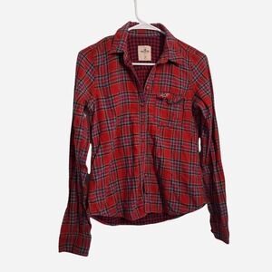 Hollister Red Plaid Flannel Shirt Womens Medium Long Sleeve Cotton Button Down